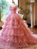 Pink Tulle Layers Long A-Line Prom Dress, Pink Spaghetti Strap Sweet 16 Dress Evening Dress HZ1024