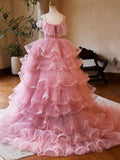 Pink Tulle Layers Long A-Line Prom Dress, Pink Spaghetti Strap Sweet 16 Dress Evening Dress HZ1024