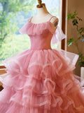 Pink Tulle Layers Long A-Line Prom Dress, Pink Spaghetti Strap Sweet 16 Dress Evening Dress HZ1024