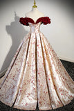 Beautiful Floral Satin Sweetheart Off Shoulder Prom Dress, Burgundy Long Satin Backless Party Dress HZ1024
