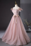 Pink Tulle Beaded Long Prom Dress, Lovely Pink Off the Shoulder Evening Party Dress HZ1024