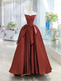 Burgundy Strapless Satin Long Prom Dress, Beautiful A-Line Evening Party Dress HZ1024