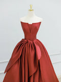 Burgundy Strapless Satin Long Prom Dress, Beautiful A-Line Evening Party Dress HZ1024