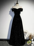 Black Velvet Long Prom Dress, Black Off the Shoulder Evening Party Dress HZ1024
