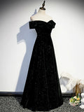Black Velvet Long Prom Dress, Black Off the Shoulder Evening Party Dress HZ1024