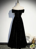 Black Velvet Long Prom Dress, Black Off the Shoulder Evening Party Dress HZ1024