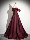 Dark Burgundy Satin Long Prom Dress, A-Line Off the Shoulder Evening Party Dress HZ1024