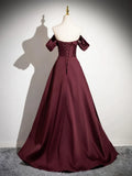 Dark Burgundy Satin Long Prom Dress, A-Line Off the Shoulder Evening Party Dress HZ1024