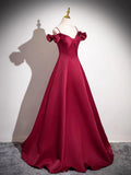 Burgundy Spaghetti Strap Satin Long Prom Dress, A-Line Evening Party Dress HZ1024