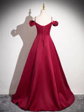 Burgundy Spaghetti Strap Satin Long Prom Dress, A-Line Evening Party Dress HZ1024
