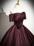 Dark Burgundy Satin Long Prom Dress, Elegant A-Line Off the Shoulder Evening Party Dress HZ1024