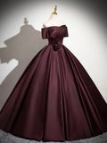 Dark Burgundy Satin Long Prom Dress, Elegant A-Line Off the Shoulder Evening Party Dress HZ1024