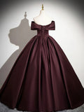 Dark Burgundy Satin Long Prom Dress, Elegant A-Line Off the Shoulder Evening Party Dress HZ1024