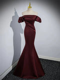 Burgundy Satin Long Prom Dress, Mermaid Off the Shoulder Evening Party Dress HZ1024