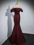 Burgundy Satin Long Prom Dress, Mermaid Off the Shoulder Evening Party Dress HZ1024