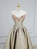 Gold Satin V-Neck Long Prom Dress with Flowers, Off the Shoulder A-Line Formal Dress HZ1024