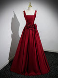 Burgundy Satin Long Prom Dress with Flowers, Elegant A-Line Party Dress HZ1024