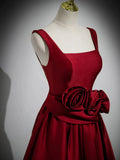 Burgundy Satin Long Prom Dress with Flowers, Elegant A-Line Party Dress HZ1024