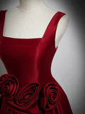 Burgundy Satin Long Prom Dress with Flowers, Elegant A-Line Party Dress HZ1024