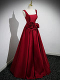 Burgundy Satin Long Prom Dress with Flowers, Elegant A-Line Party Dress HZ1024