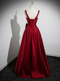 Burgundy Satin Long Prom Dress with Flowers, Elegant A-Line Party Dress HZ1024