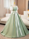 White and Green Satin Long Prom Dress, A-Line Short Sleeve Evening Party Dress HZ1024
