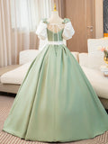 White and Green Satin Long Prom Dress, A-Line Short Sleeve Evening Party Dress HZ1024