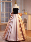Black Velvet and Pink Satin Floor Length Prom Dress, Beautiful A-Line Strapless Party Dress HZ1024