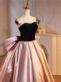 Black Velvet and Pink Satin Floor Length Prom Dress, Beautiful A-Line Strapless Party Dress HZ1024