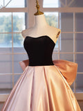 Black Velvet and Pink Satin Floor Length Prom Dress, Beautiful A-Line Strapless Party Dress HZ1024