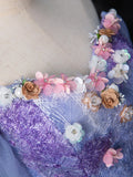 Dreamy Colorful Flowers Purple/blue Prom Dress, Fairy Off the Shoulder A-Line Princess Party Gown HZ1024