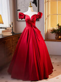 Dark Red Satin Long Prom Dress, Off the Shoulder A-Line Formal Evening Dress HZ1024