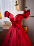 Dark Red Satin Long Prom Dress, Off the Shoulder A-Line Formal Evening Dress HZ1024