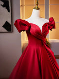 Dark Red Satin Long Prom Dress, Off the Shoulder A-Line Formal Evening Dress HZ1024