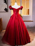 Dark Red Satin Long Prom Dress, Off the Shoulder A-Line Formal Evening Dress HZ1024
