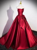 Burgundy Satin Strapless Long Prom Dress, Beautiful A-Line Evening Party Dress HZ1024