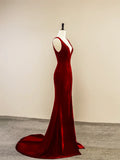 Burgundy V-Neck Velvet Long Prom Dress, Simple Mermaid Backless Evening Dress HZ1024