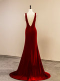 Burgundy V-Neck Velvet Long Prom Dress, Simple Mermaid Backless Evening Dress HZ1024