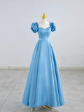 Blue Satin Beaded Floor Length Prom Dress, Blue A-Line Short Sleeve Evening Dress HZ1024