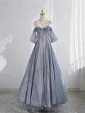 Blue Tulle Long Prom Dress, A-Line Off the Shoulder Blue Evening Party Dress HZ1024