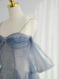 Blue Tulle Long Prom Dress, A-Line Off the Shoulder Blue Evening Party Dress HZ1024