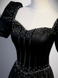 Black Satin Beaded Floor Length Prom Dress, Black A-Line Short Sleeve Evening Dress HZ1024