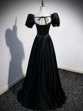 Black Satin Beaded Floor Length Prom Dress, Black A-Line Short Sleeve Evening Dress HZ1024