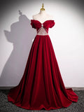 Burgundy Velvet Sequins Long Prom Dress, Elegant Off the Shoulder A-Line Formal Dress HZ1024
