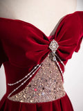 Burgundy Velvet Sequins Long Prom Dress, Elegant Off the Shoulder A-Line Formal Dress HZ1024