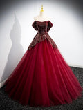 Burgundy Tulle Sequins Floor Length Prom Dress, Off the Shoulder Formal Evening Dress HZ1024