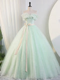 Beautiful Sage Green Tulle Floor Length Prom Dresses, A-Line Off the Shoulder Evening Part Dresses HZ1024