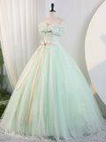 Beautiful Sage Green Tulle Floor Length Prom Dresses, A-Line Off the Shoulder Evening Part Dresses HZ1024