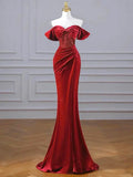 Burgundy Velvet Sequins Long Prom Dress, Mermaid Off the Shoulder Party Dress with Slit HZ1024