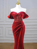 Burgundy Velvet Sequins Long Prom Dress, Mermaid Off the Shoulder Party Dress with Slit HZ1024